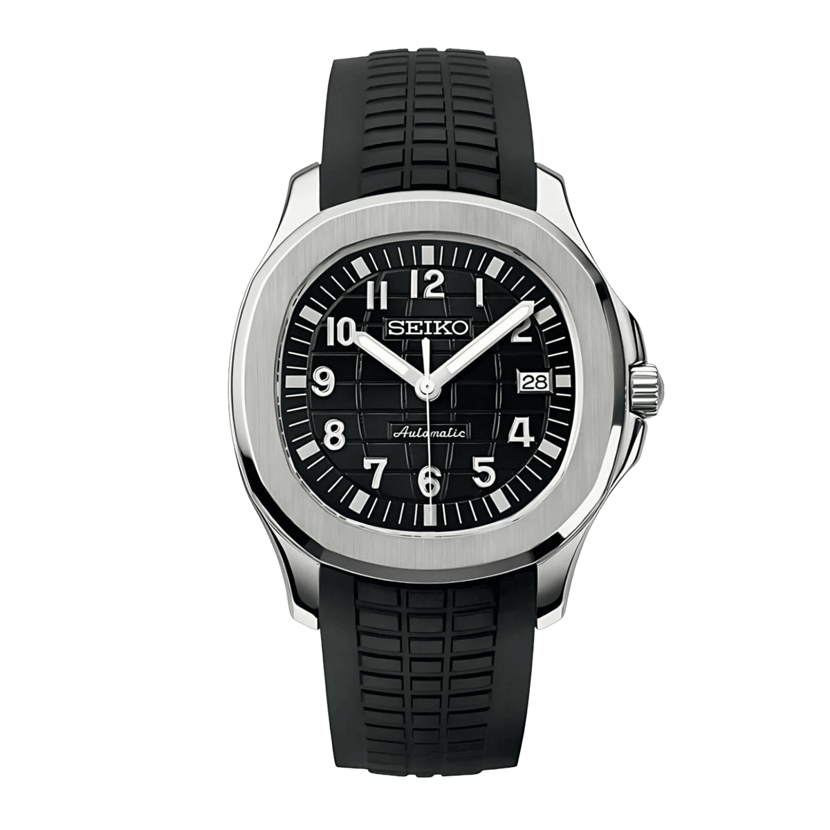  Sevato Seiko Nautilus мод часовник с черен циферблат,сребриста каса и гумена черна каишка