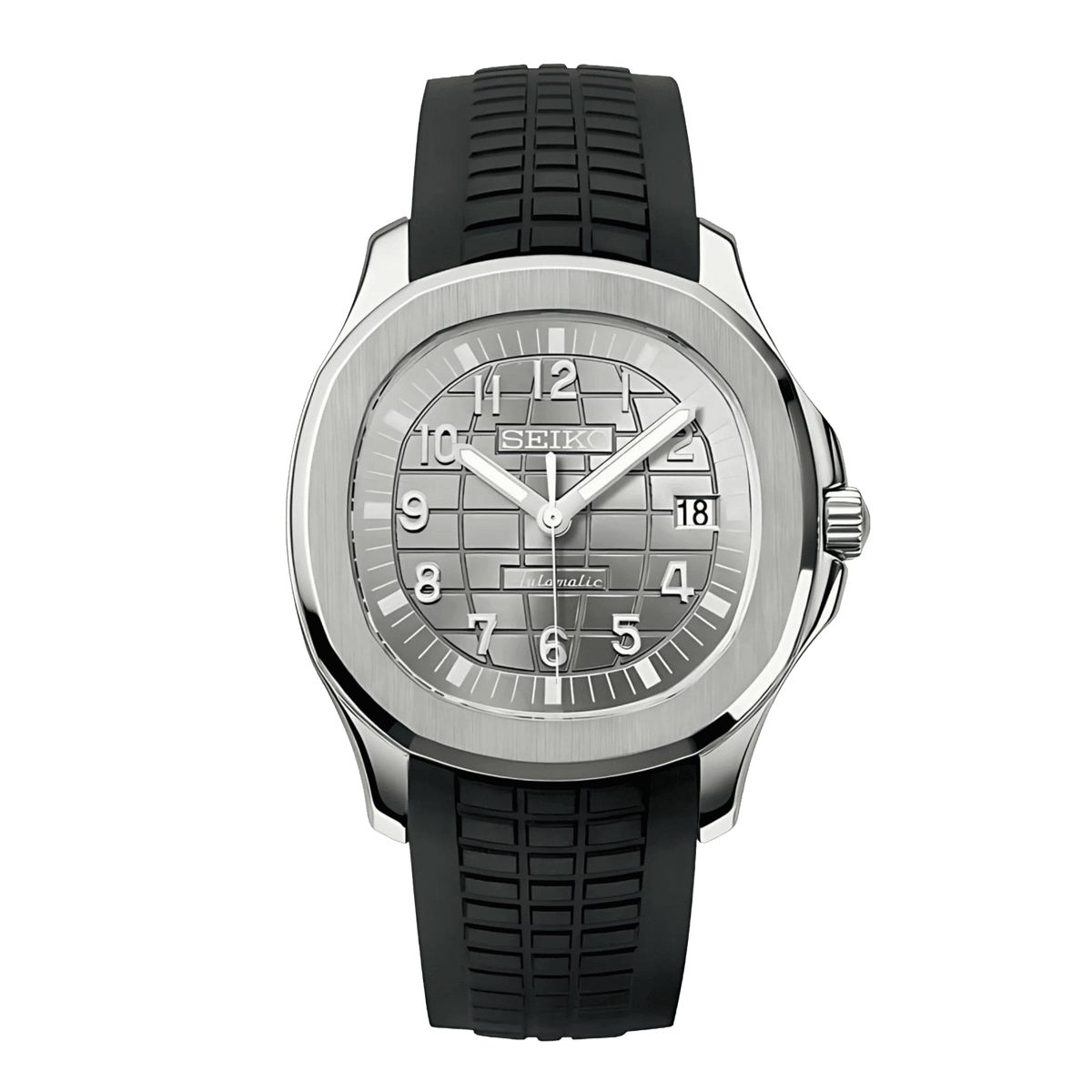  Sevato Seiko Nautilus мод часовник със сребрист циферблат,сребриста каса и гумена черна каишка 