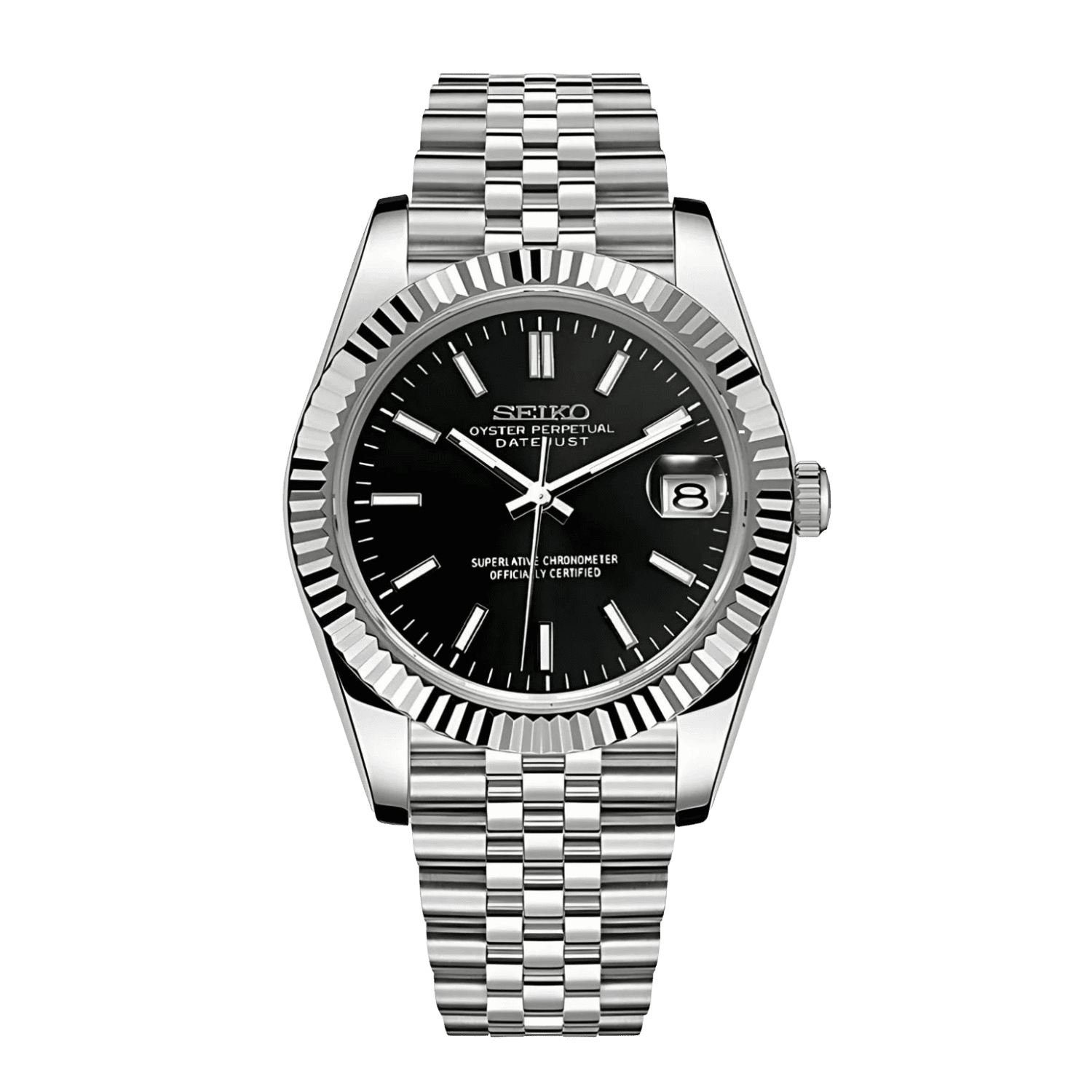Sevato Seiko Datejust мод часовник със черен циферблат и сребърна каса, sevato