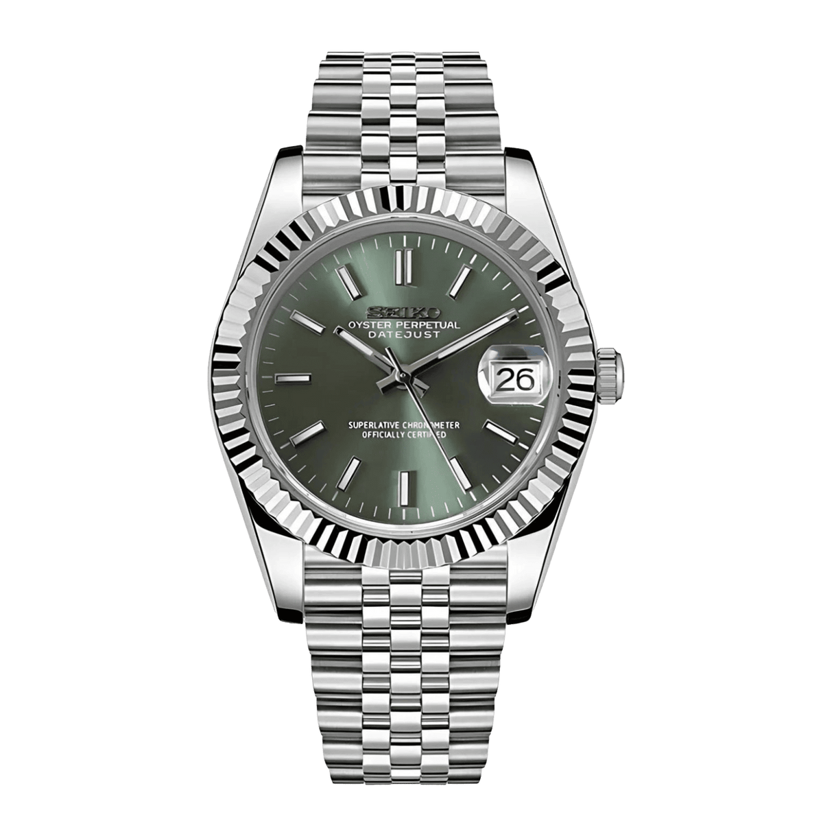 Sevato Seiko Datejust мод часовник със зелен циферблат, сребърна каса.