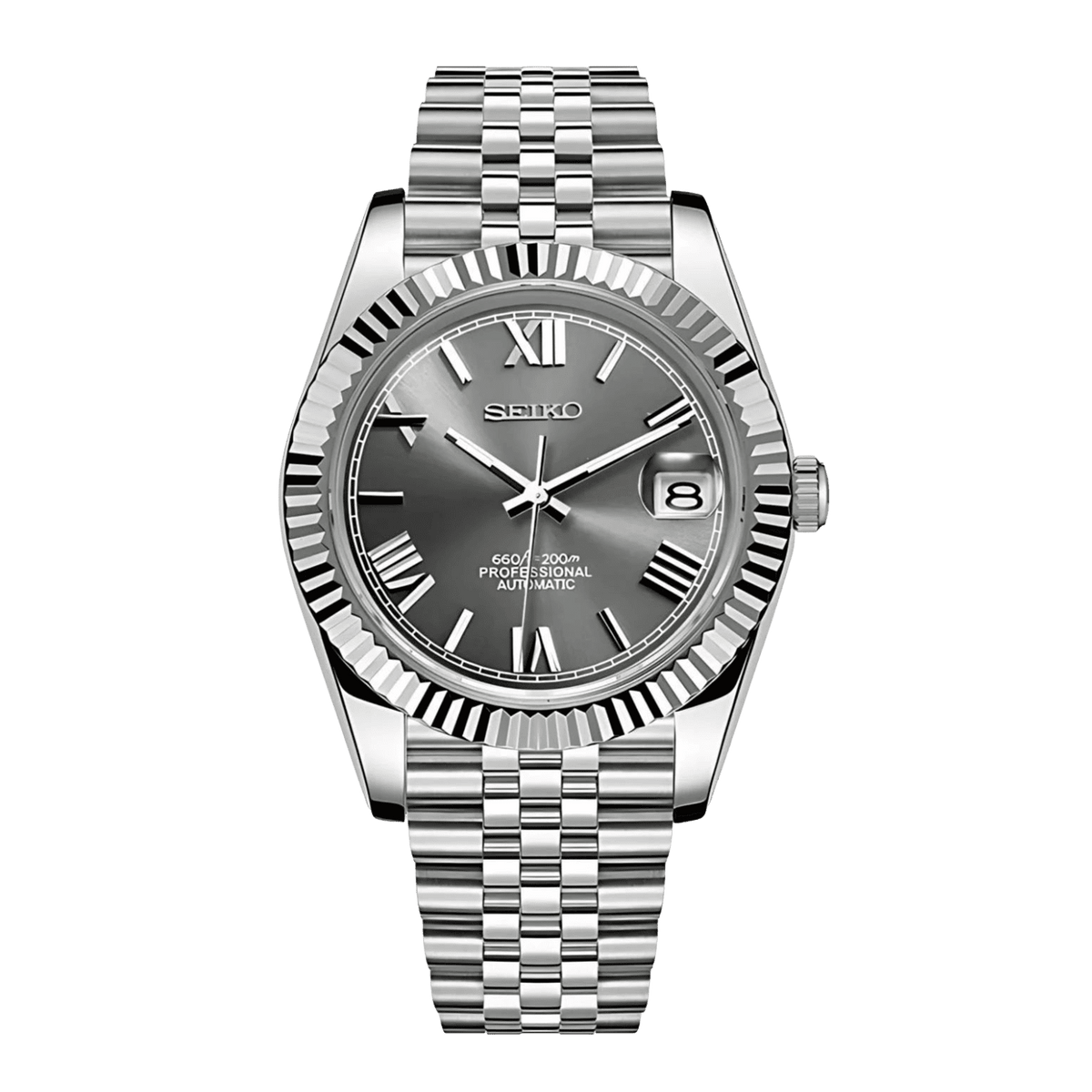 Sevato Seiko Datejust мод часовник с римски цифри, сребрист циферблат и сребърна каса