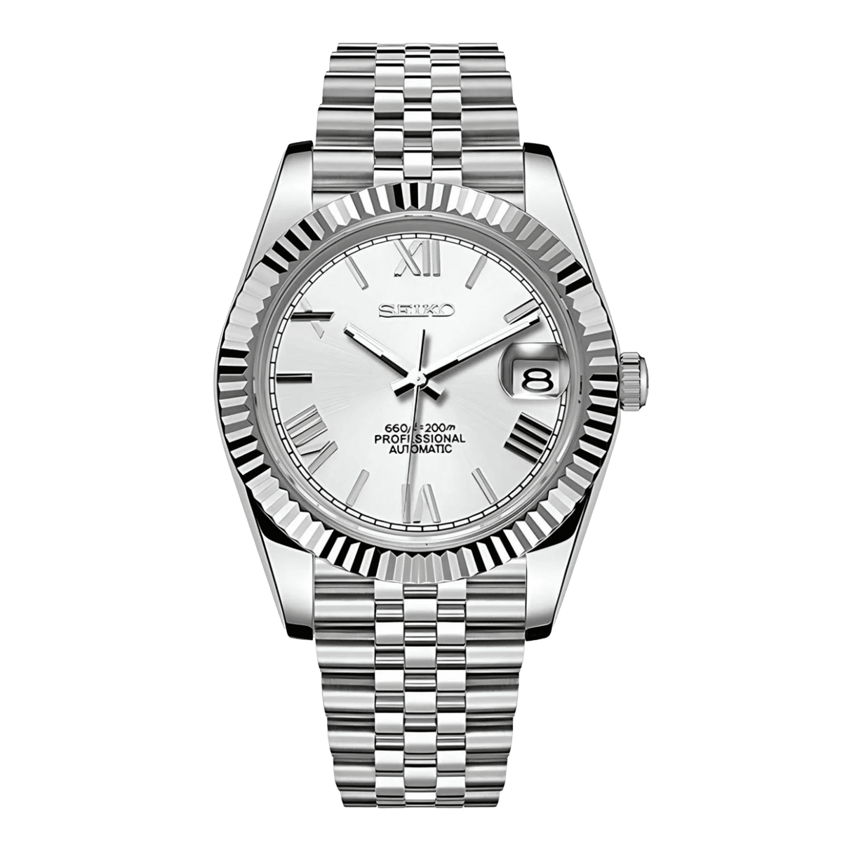 Sevato Seiko Datejust мод часовник с римски цифри, бял циферблат и сребърна каса