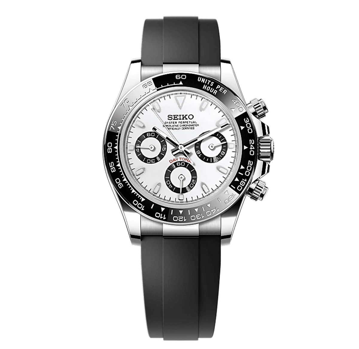 Seiko Daytona Mod Panda Rubber Strap с бял хронографски циферблат, черни броячи, черен тахиметричен безел, сребриста каса и черна гумена каишка