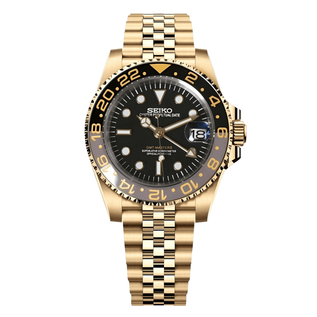 Sevato Seiko GMT мод часовник с черен циферблат, златна каса, златна каишка. sevato