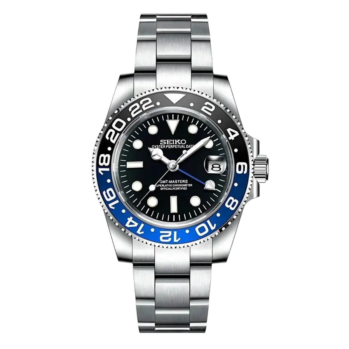 Seiko GMT Mod Batman с черен циферблат, двуцветен черно-син GMT безел, дата, сребриста каса и Oyster верижка