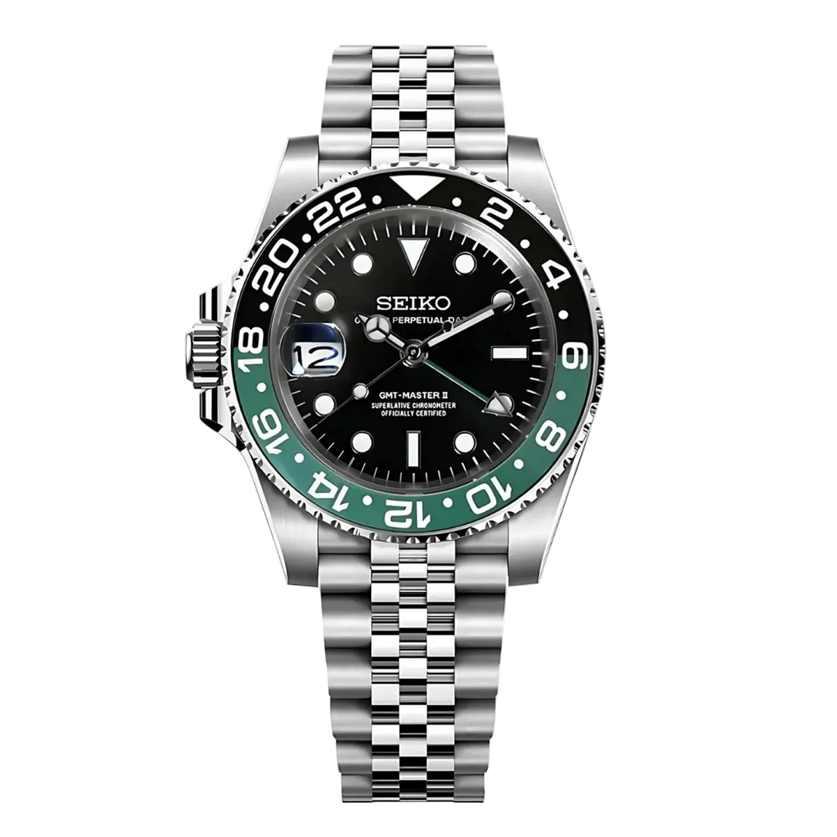 Seiko GMT Mod Sprite с черен циферблат, двуцветен черно-зелен GMT безел, дата отляво, сребриста каса и Jubilee верижка