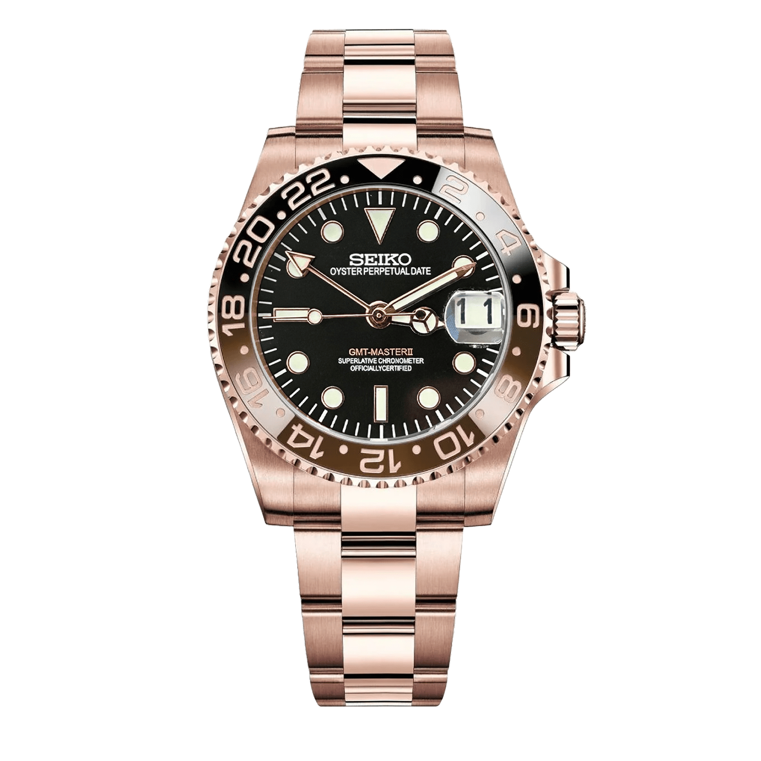 Seiko GMT Mod Rootbeer Rose Gold с черен циферблат, двуцветен кафяво-черен GMT безел, дата, каса и Oyster верижка в розово злато