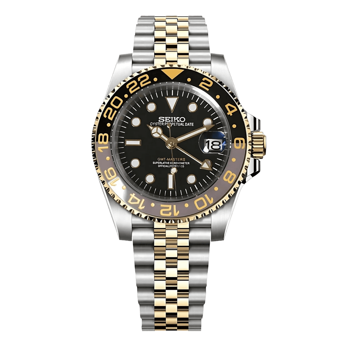 Sevato Seiko GMT мод часовник с черен циферблат, сребриста каса, two tone злато и сребро