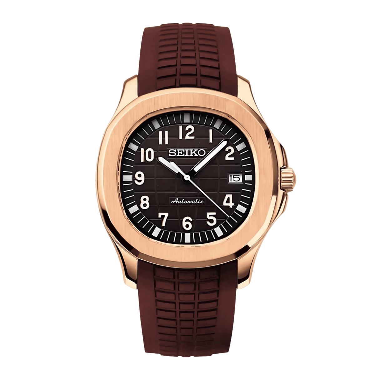 Sevato Seiko Nautilus мод часовник с кафяв циферблат,розово златна каса и гумена  каишка