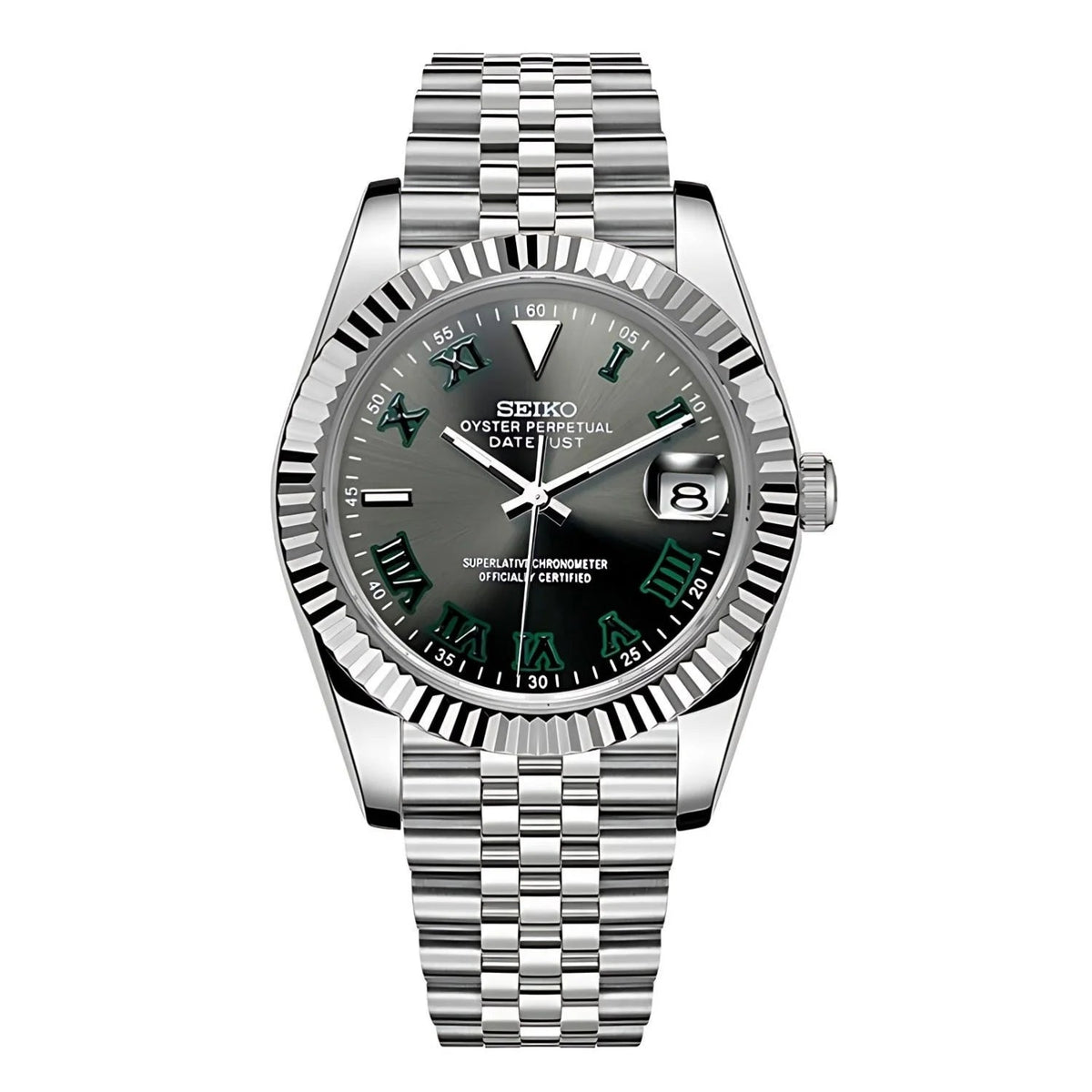 Sevato Seiko Datejust мод часовник с римски цифри, сребрист циферблат и сребърна каса, Wimbledon мод