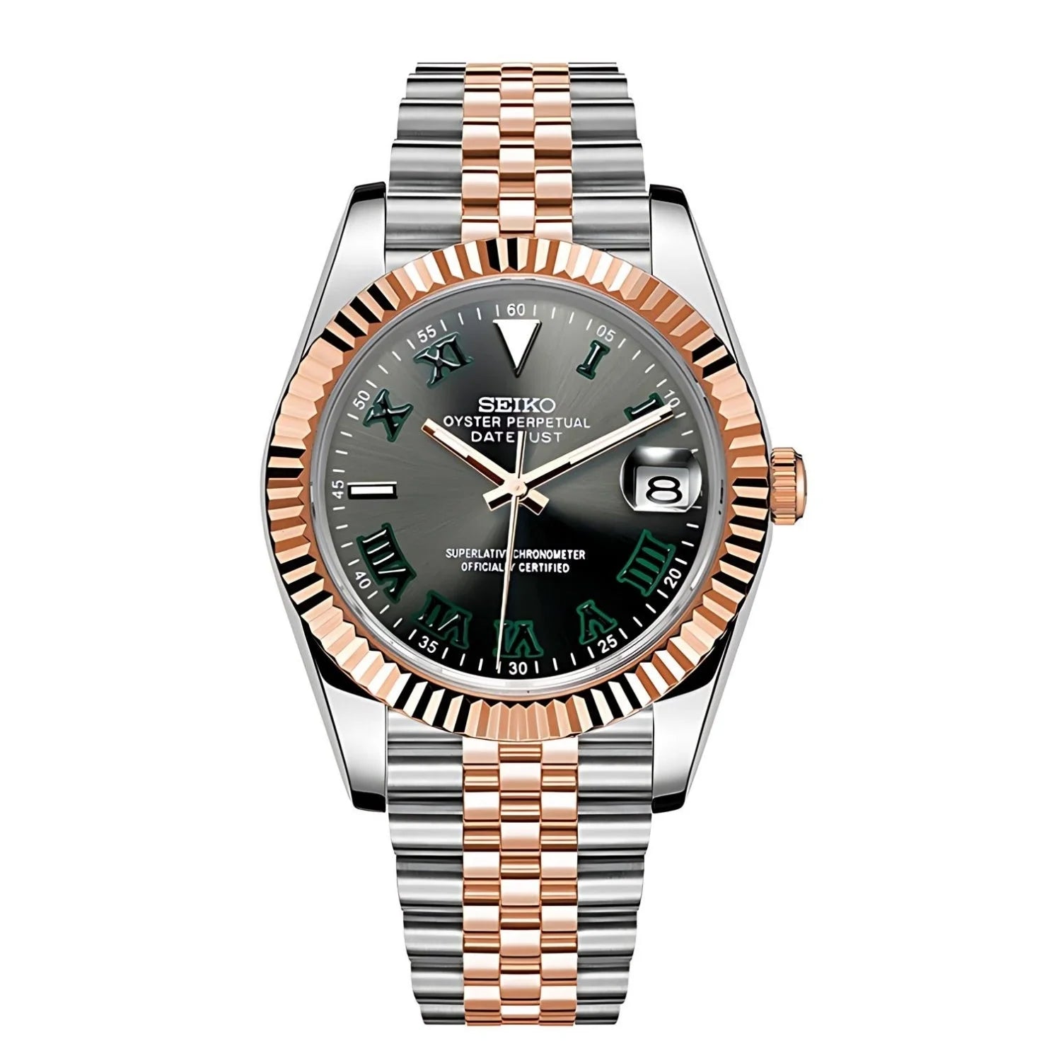 Sevato Seiko Datejust мод часовник с римски цифри, сребрист циферблат,
сребърна каса, two tone Wimbledon мод

