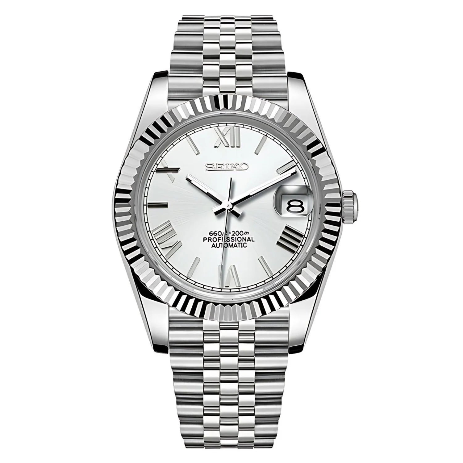 Sevato Seiko Datejust мод часовник с римски цифри, бял циферблат и сребърна каса

