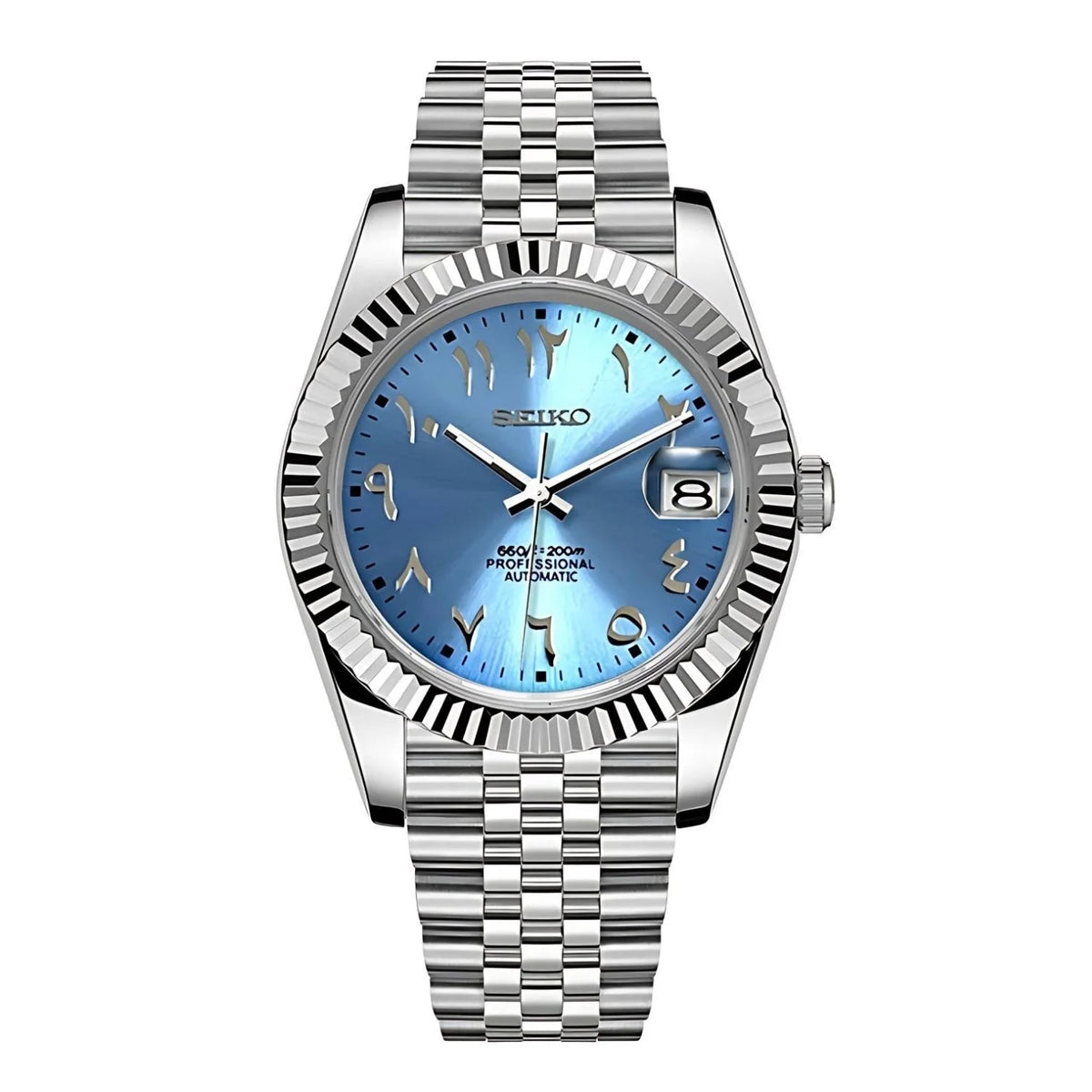 Sevato Seiko Datejust мод часовник с арабски циферблат, син циферблат и сребърна каса, arabic мод

