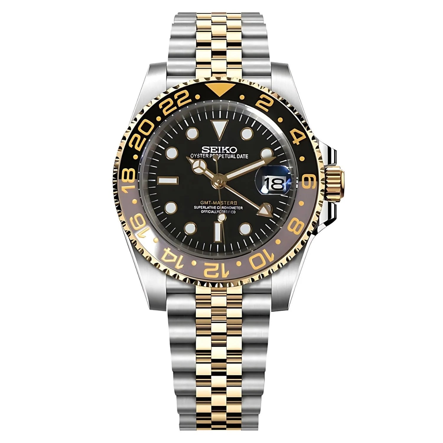 Sevato Seiko GMT мод часовник с черен циферблат, сребриста каса, two tone злато и сребро

