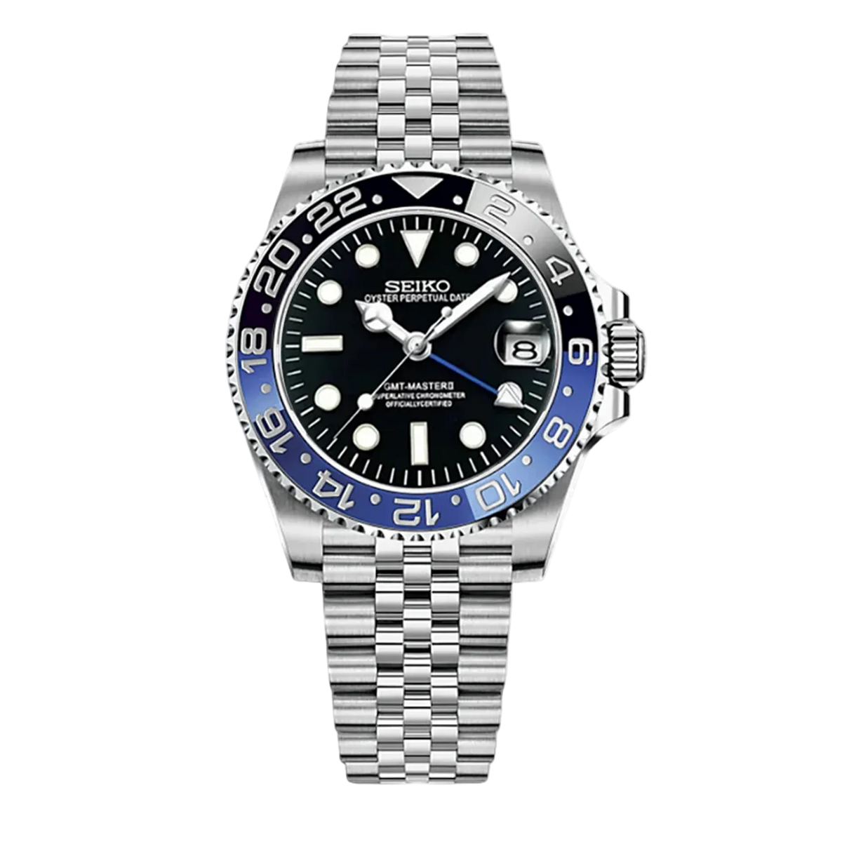 Seiko Mod GMT Batgirl с черен циферблат, двуцветен черно-син GMT безел, дата, сребриста каса и Jubilee верижка