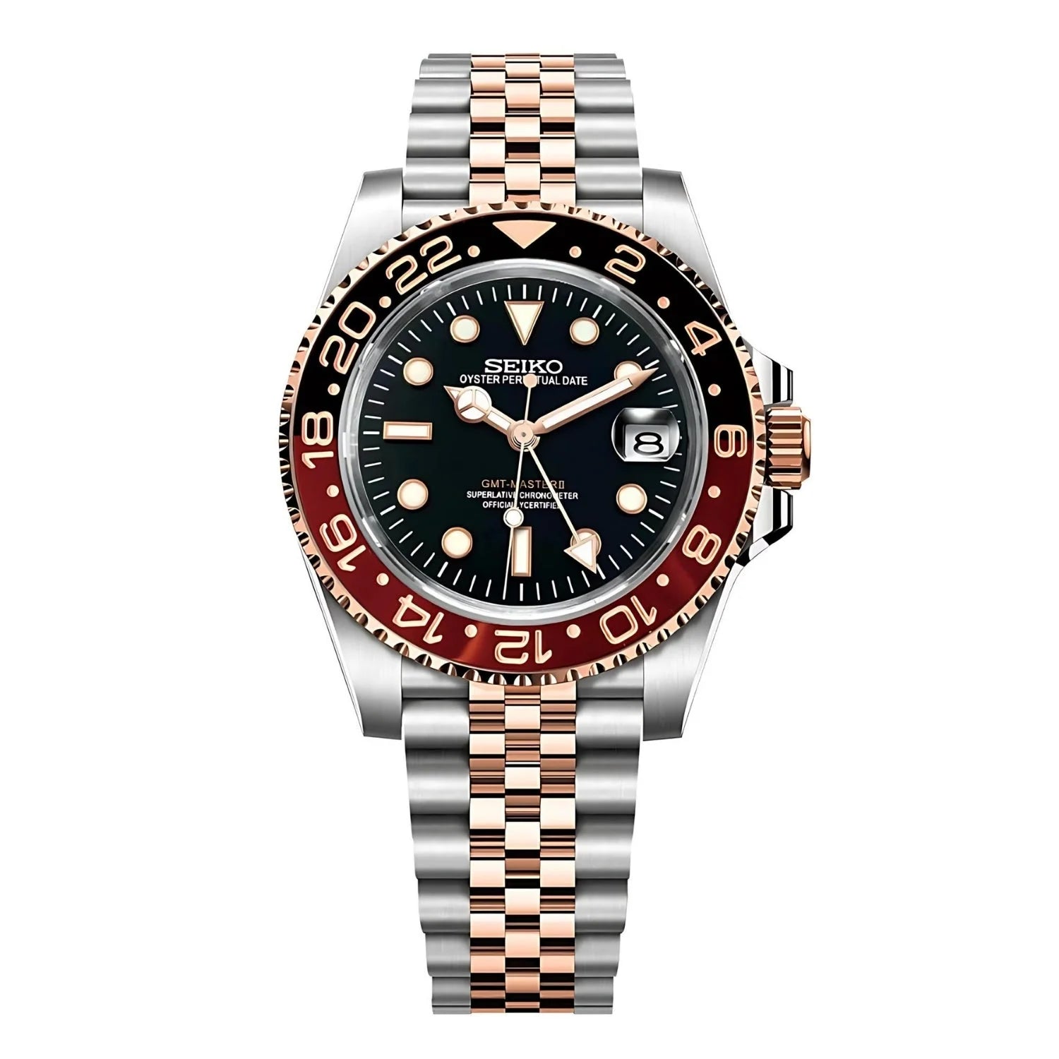 Sevato Seiko GMT мод часовник с черен циферблат, сребриста каса, two tone розово злато и сребро

