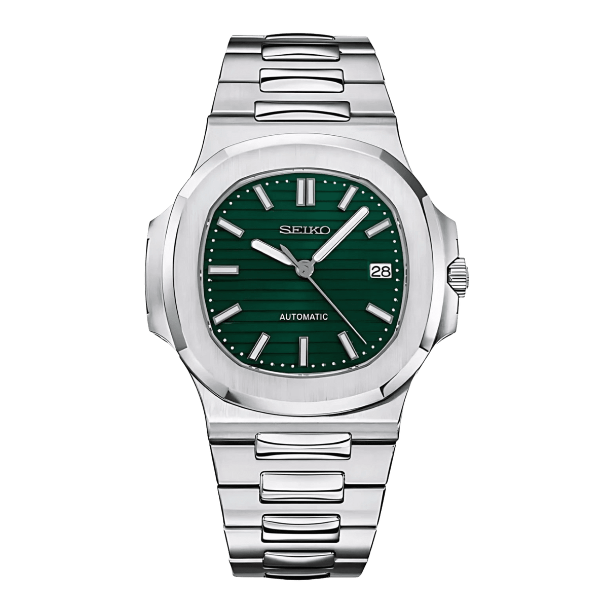 Sevato Seiko Nautilus мод часовник с зелен циферблат,сребриста каса и метална сребриста каишка 