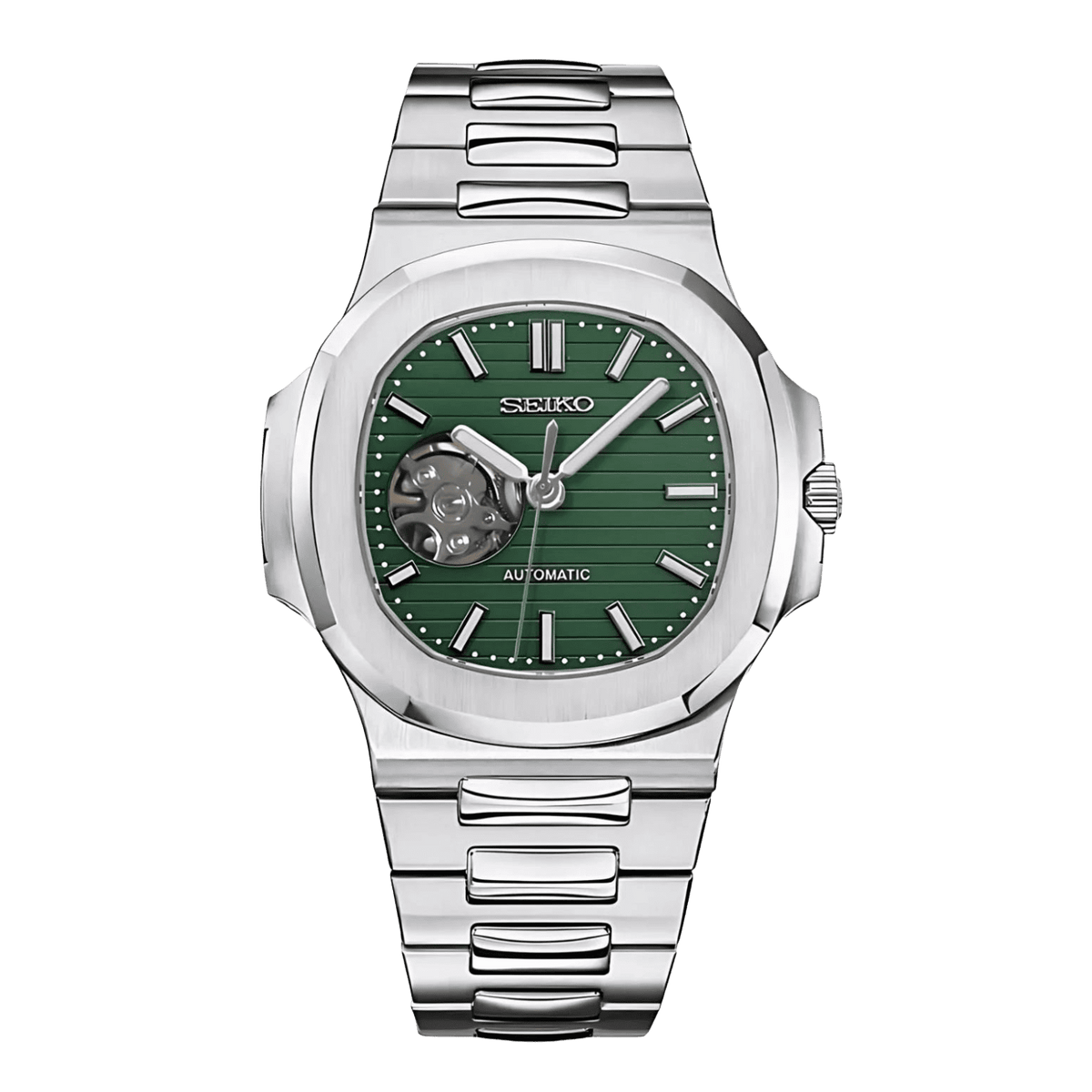 Sevato Seiko Nautilus open heart мод часовник с зелен отворен циферблат,сребриста каса и метална сребриста каишка 