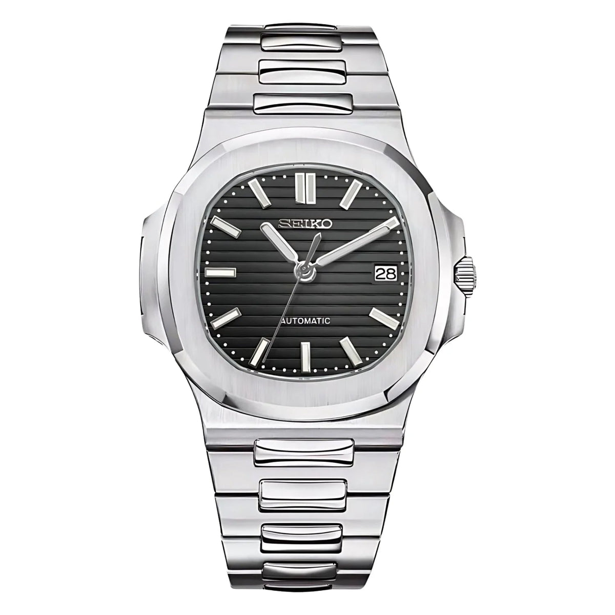 Sevato Seiko Nautilus мод часовник с черен циферблат,сребриста каса и метална сребриста каишка 