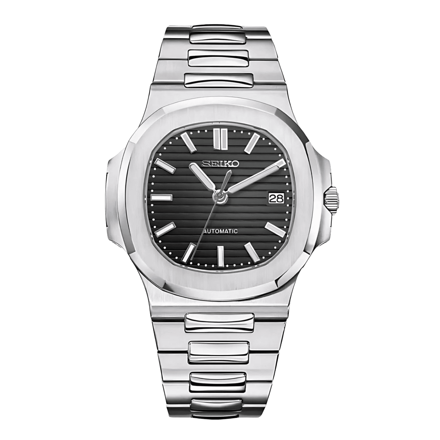 Sevato Seiko Nautilus мод часовник с черен циферблат,сребриста каса и метална сребриста каишка 