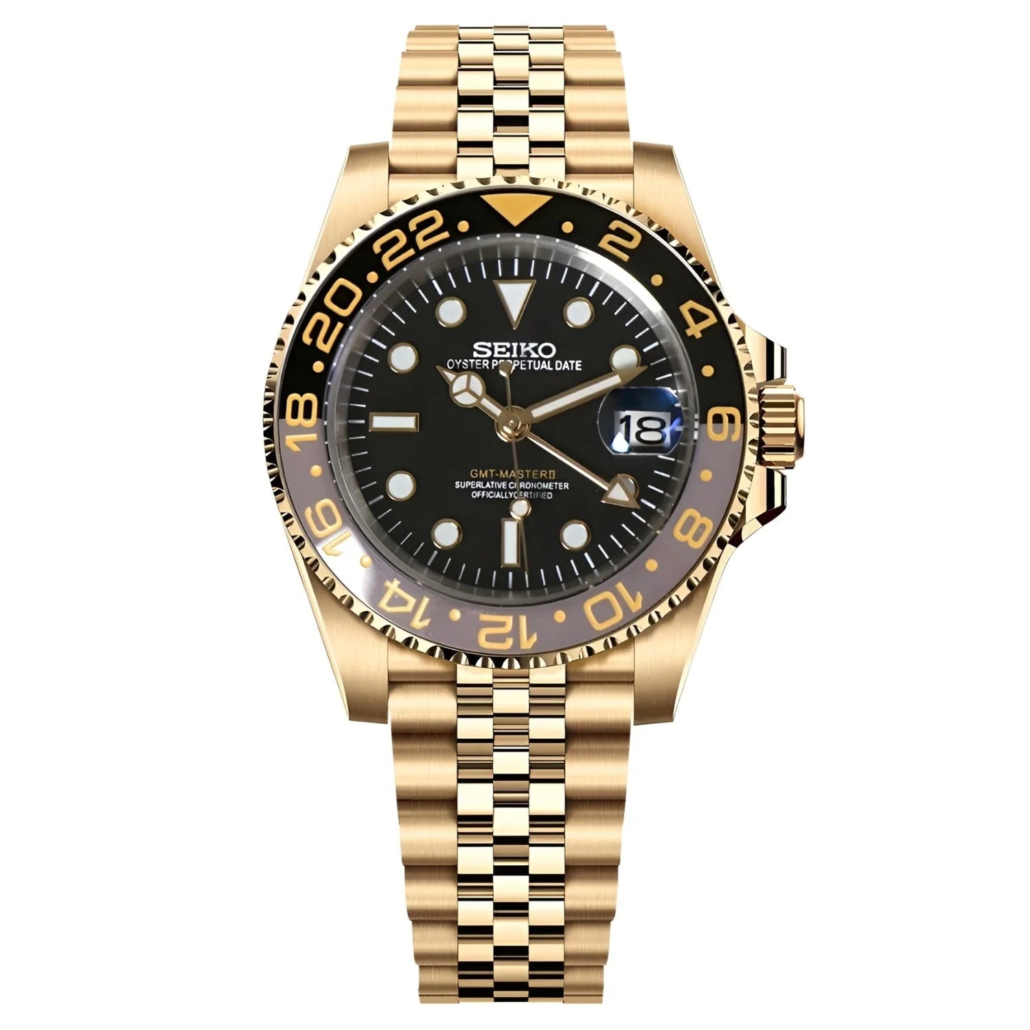 Sevato Seiko GMT мод часовник с черен циферблат, златна каса, 
