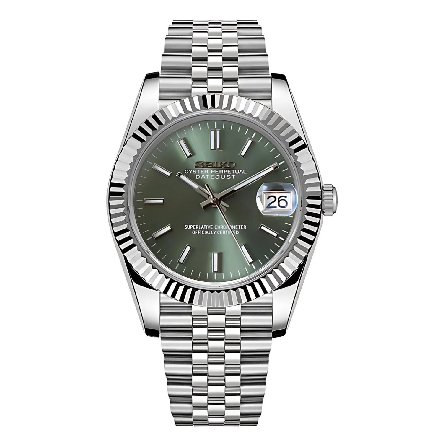 Sevato Seiko Datejust мод часовник със зелен циферблат, сребърна каса.

