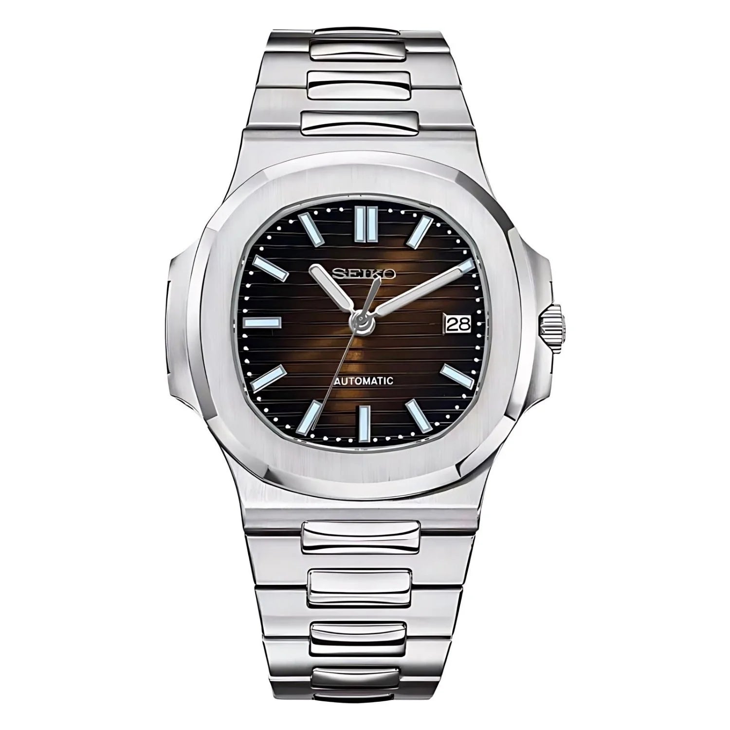 Sevato Seiko Nautilus мод часовник с кафяв циферблат,сребриста каса и метална сребриста каишка 