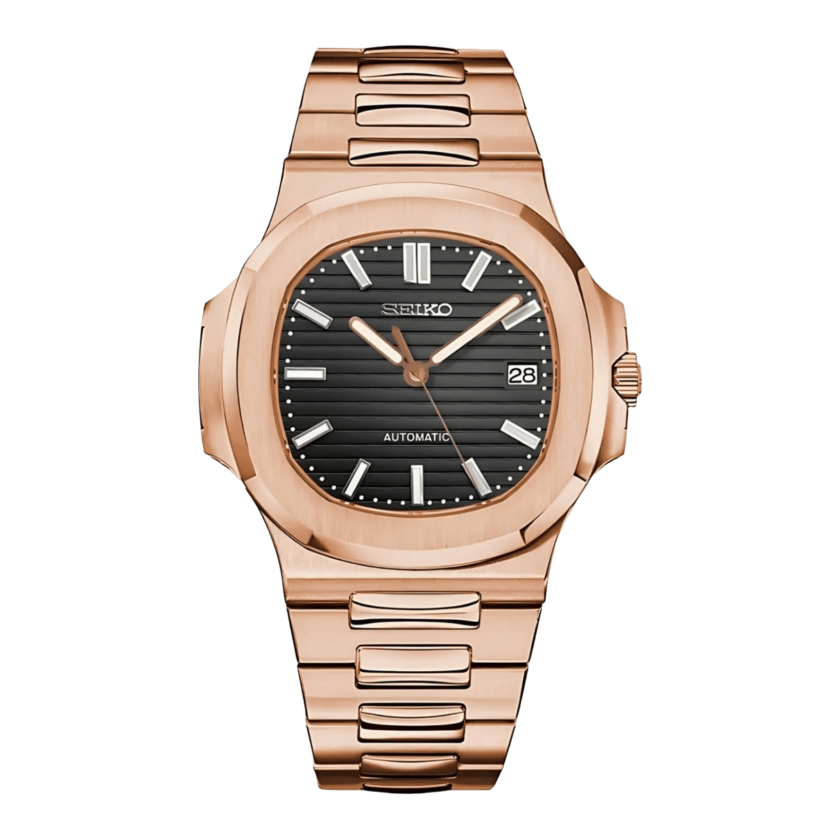 Sevato Seiko Nautilus мод часовник с черен циферблат,розово златна каса и метална каишка розово злато