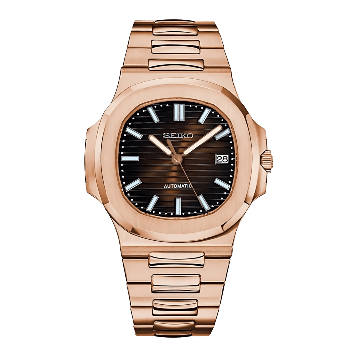 Sevato Seiko Nautilus мод часовник с кафяв циферблат, розово златна каса и метална  каишка  розово злато