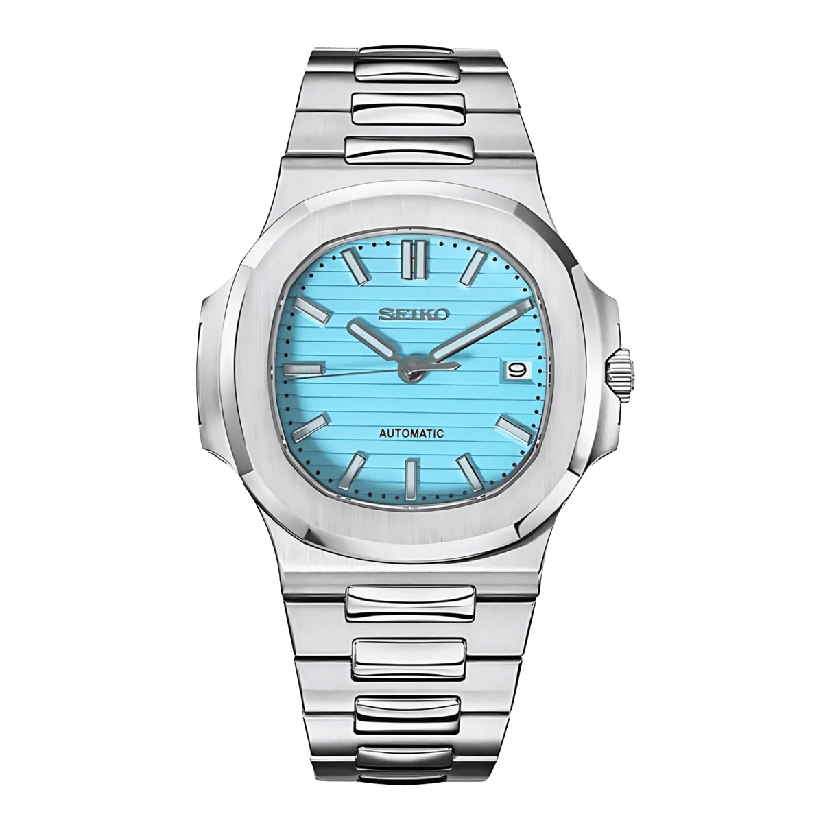 Sevato Seiko Nautilus мод часовник със светлосин циферблат, сребриста каса и метална сребриста каишка