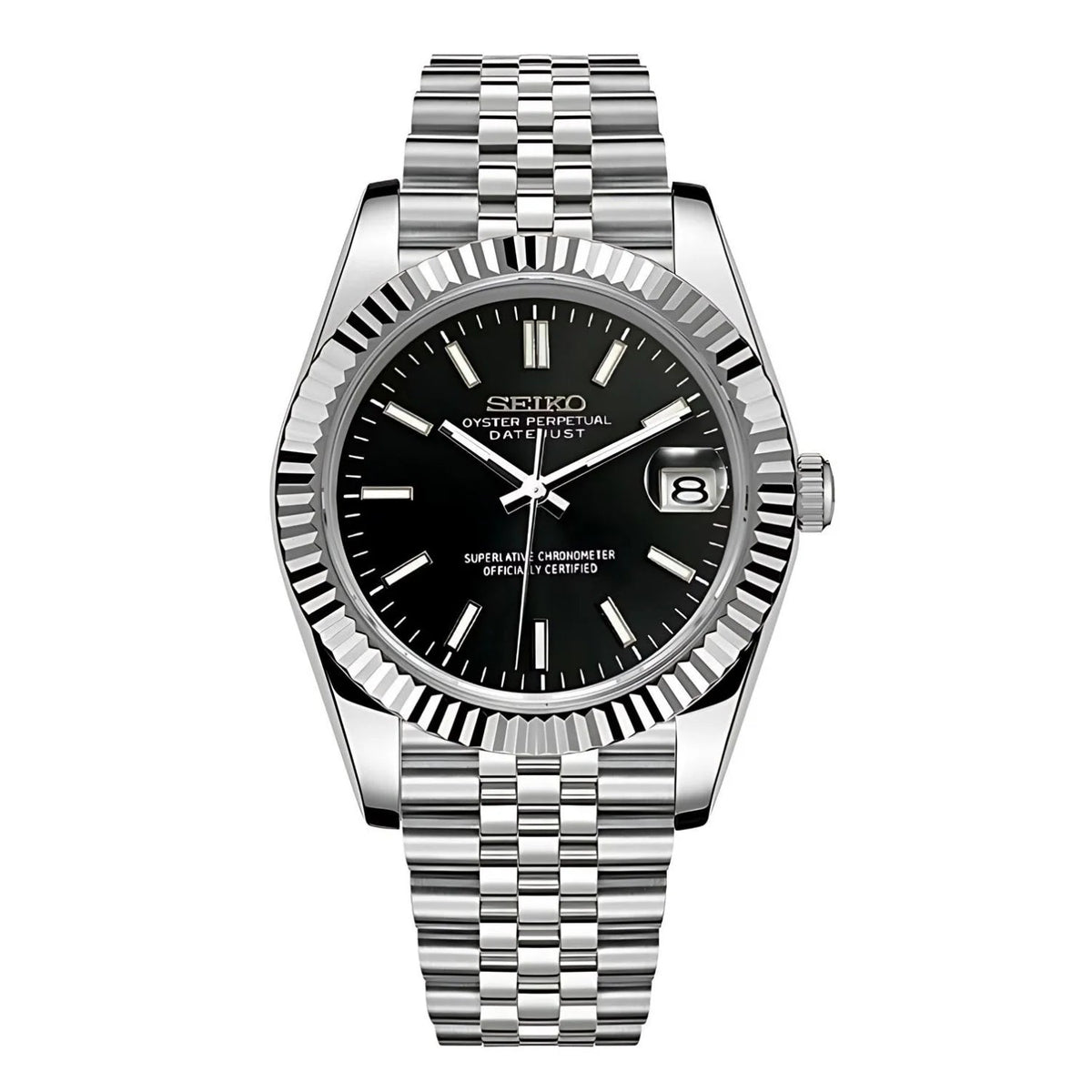 Sevato Seiko Datejust мод часовник със черен циферблат и сребърна каса, 

