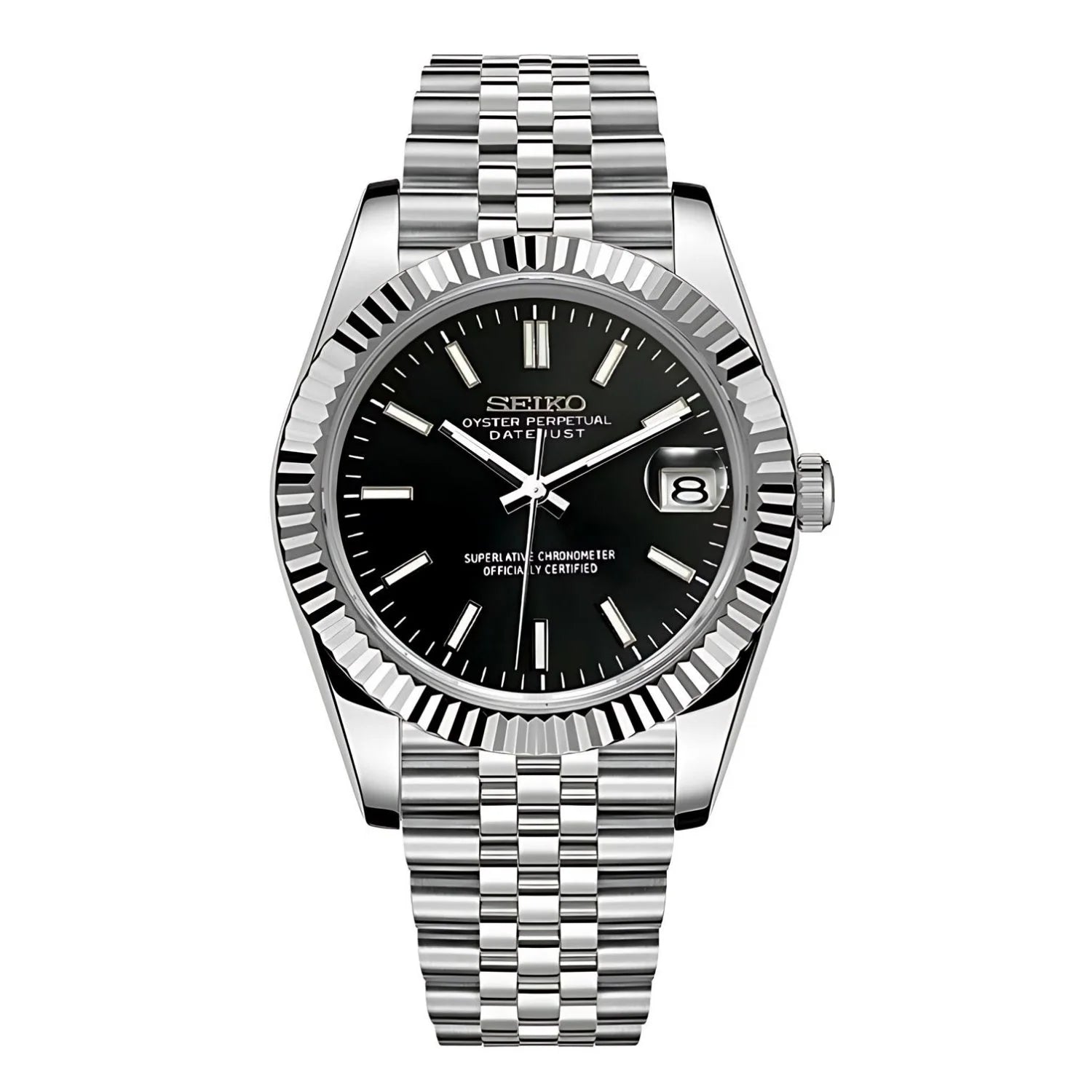 Sevato Seiko Datejust мод часовник със черен циферблат и сребърна каса, 

