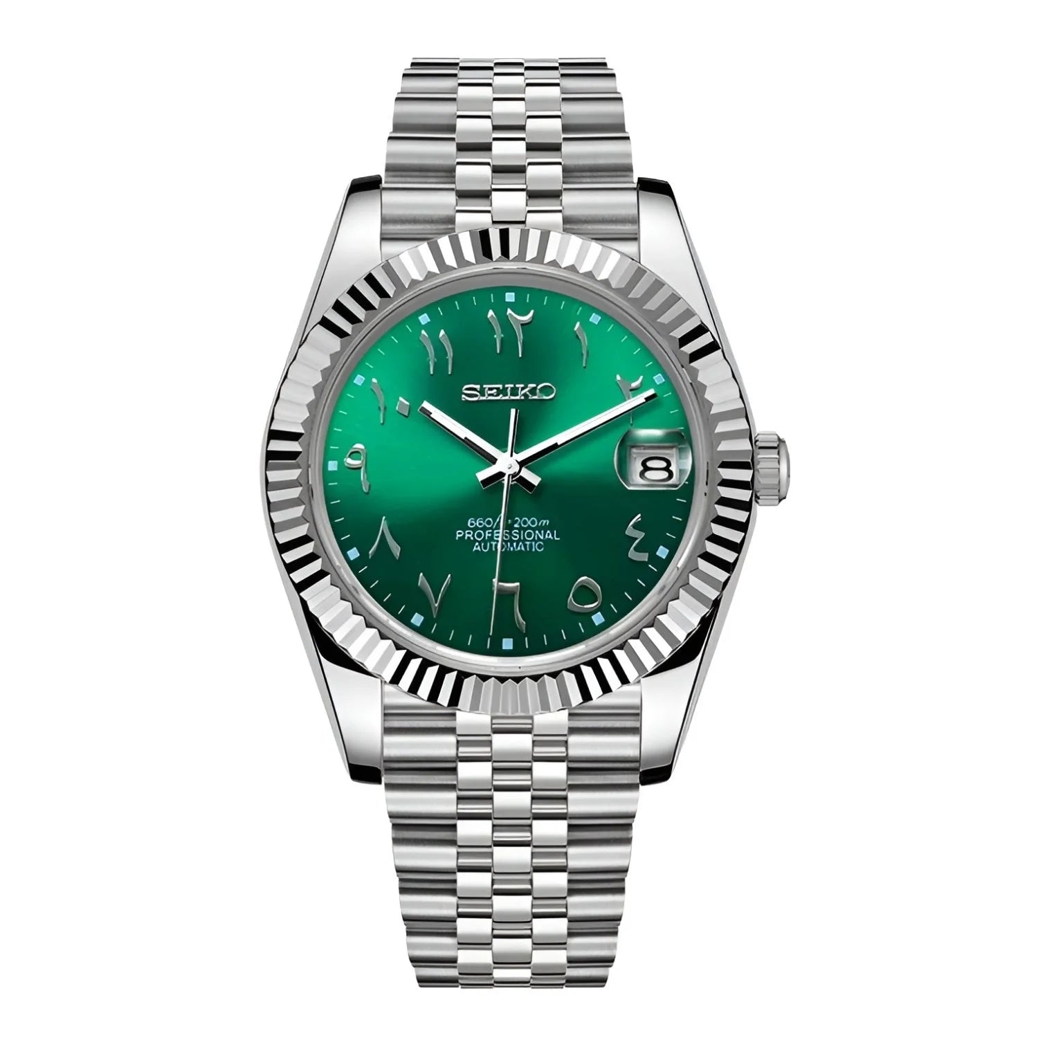 Sevato Seiko Datejust мод часовник с арабски циферблат, зелен циферблат и сребърна каса

