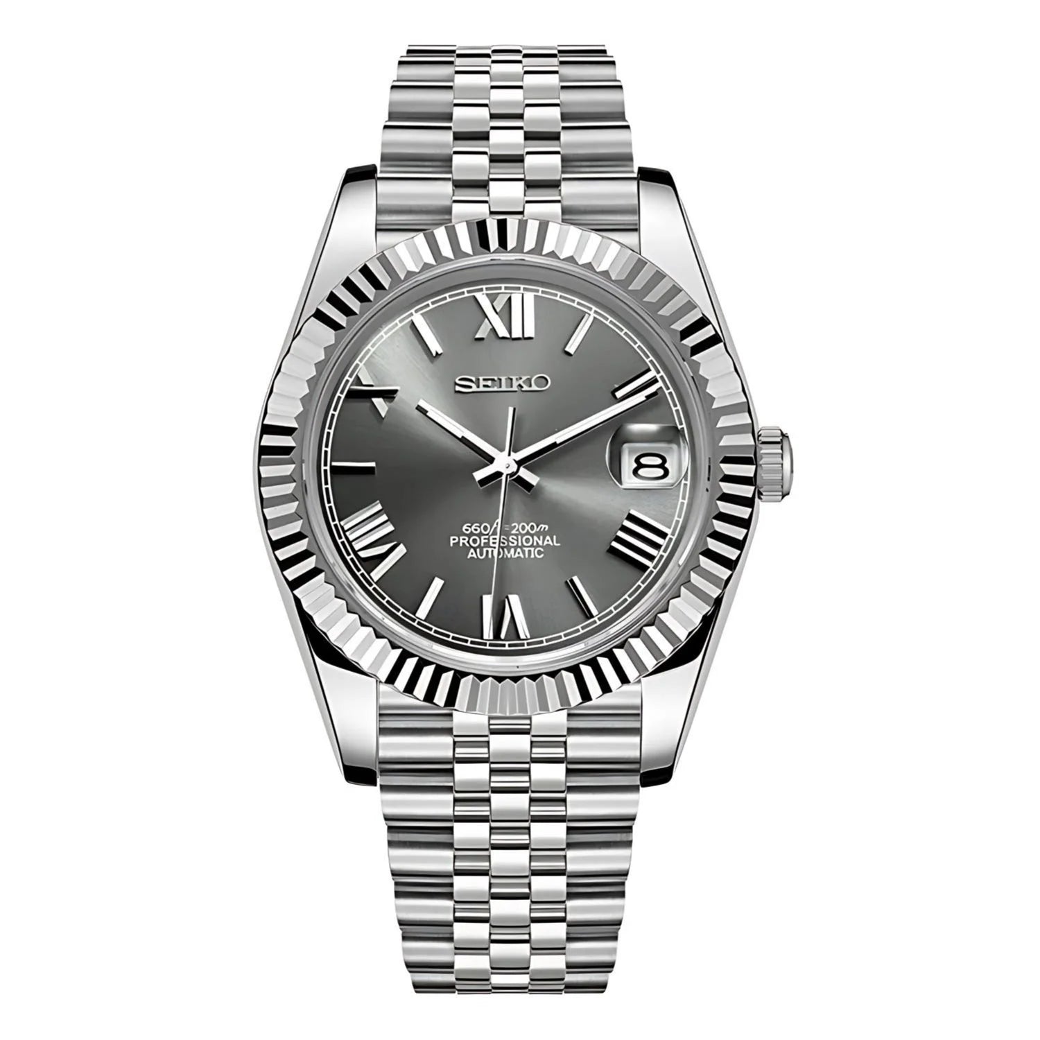Sevato Seiko Datejust мод часовник с римски цифри, сребрист циферблат и сребърна каса

