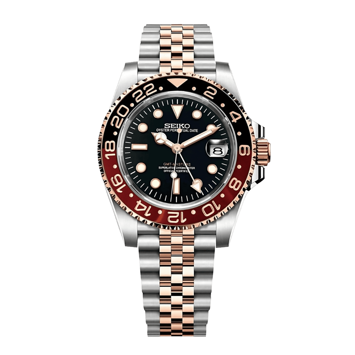 Sevato Seiko GMT мод часовник с черен циферблат, сребриста каса, two tone розово злато и сребро