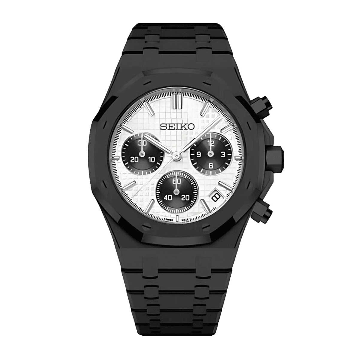 Seiko Royal Chrono Panda с бял текстуриран хронографски циферблат, черни хронографски броячи, дата, черна каса и черна интегрирана верижка