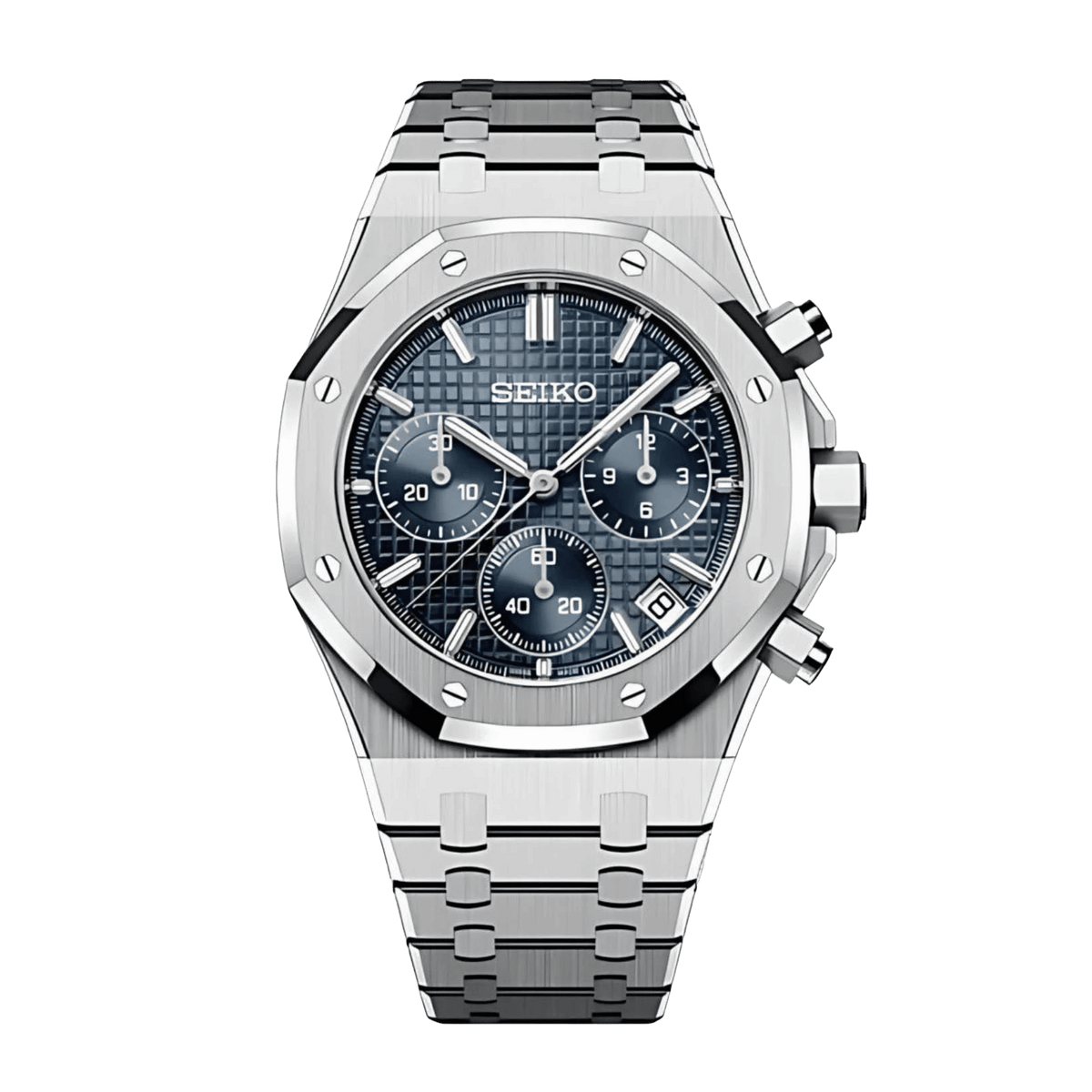 Seiko Royal Oak Chrono Mod Blue Dial със син текстуриран хронографски циферблат, дата, сребриста каса и сребриста интегрирана верижка