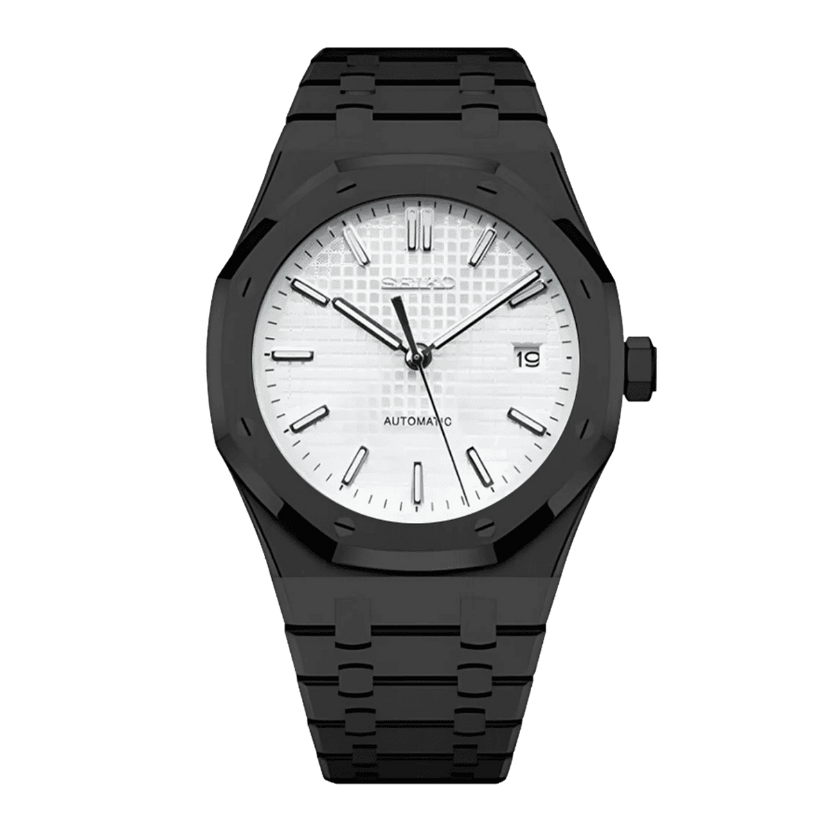 Seiko Royal Oak Mod Black Case White Dial с бял текстуриран циферблат, дата, черна каса и черна интегрирана верижка