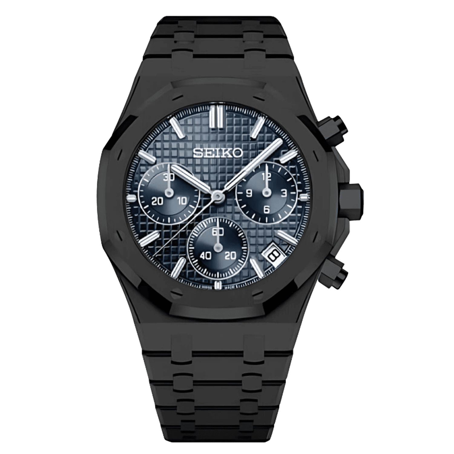 Seiko Royal Oak Mod Chrono Black Case Blue Dial с тъмносин текстуриран хронографски циферблат, дата, черна каса и черна интегрирана верижка