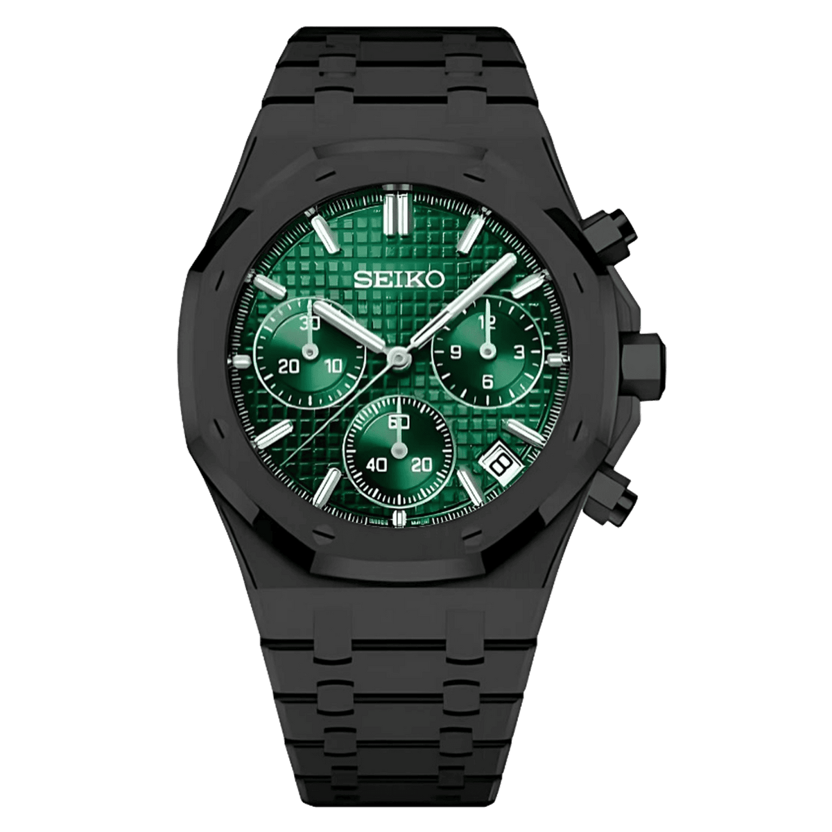 Seiko Royal Oak Mod Chrono Black Case Green Dial с тъмнозелен текстуриран хронографски циферблат, дата, черна каса и черна интегрирана верижка