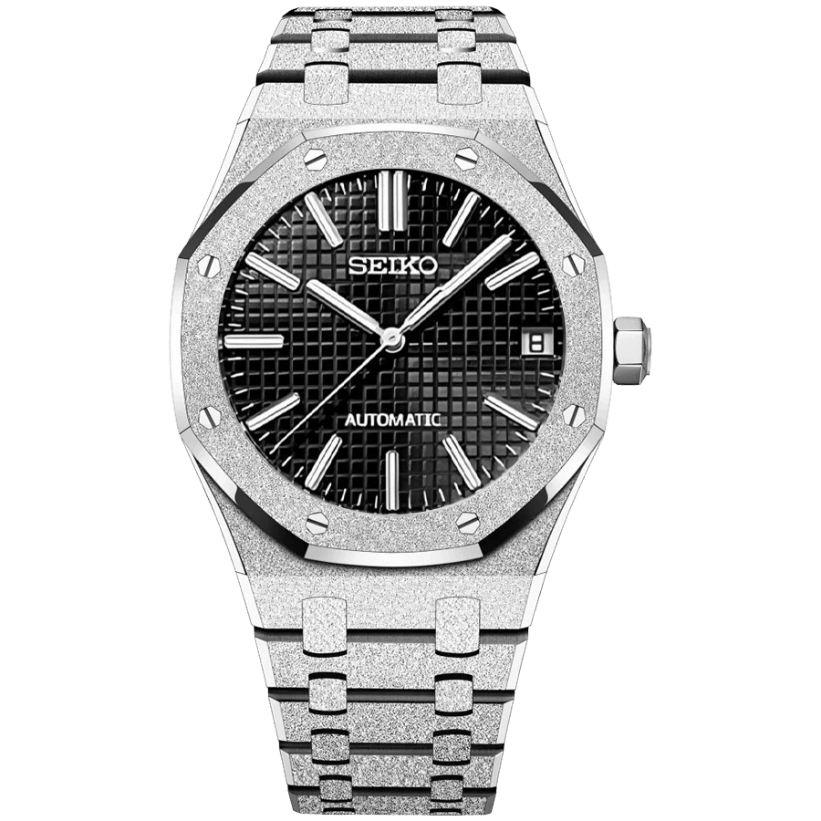 Seiko Royal Oak Mod Frosted Silver с черен текстуриран циферблат, дата, фростед сребриста каса и сребриста интегрирана верижка