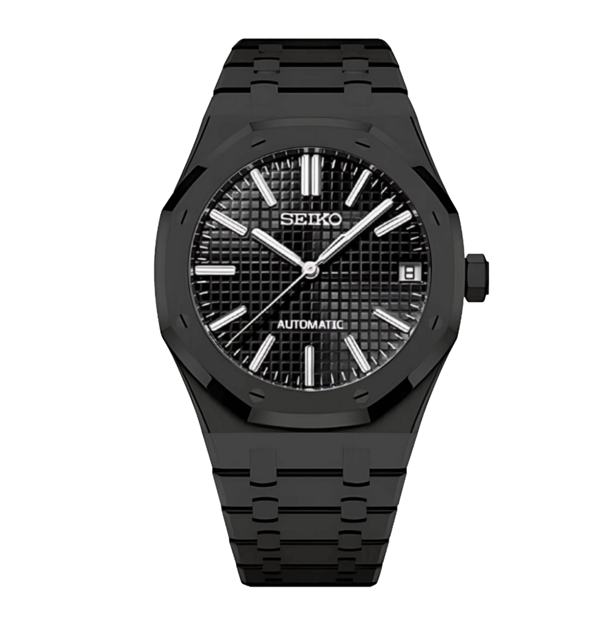 Seiko Royal Oak Mod Full Black с черен текстуриран циферблат, дата, черна каса и черна интегрирана верижка