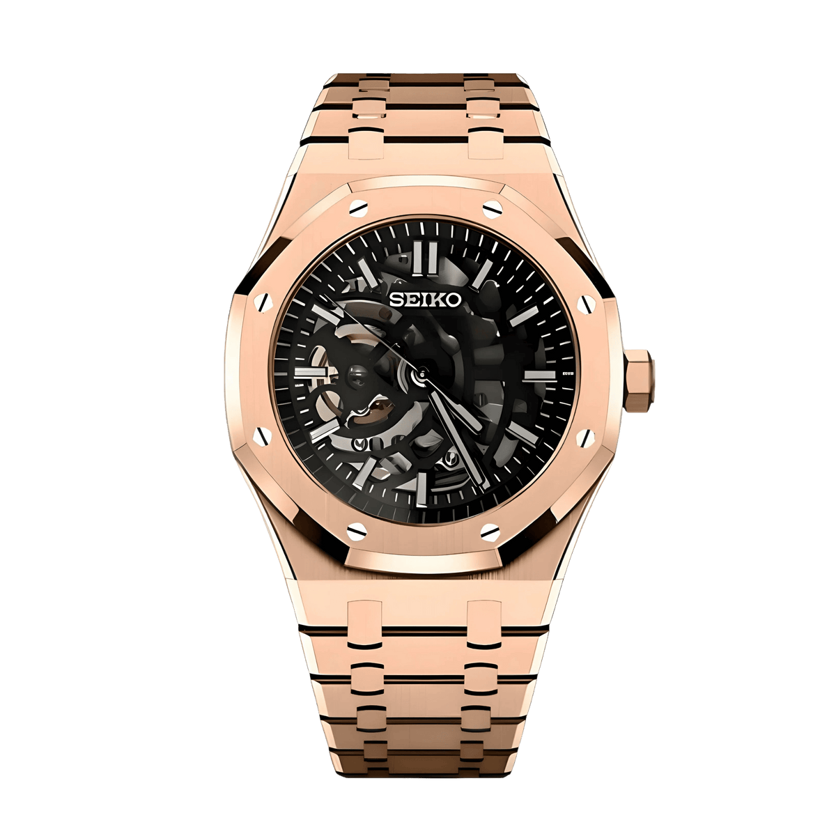 Seiko Royal Oak Mod Skeleton Rose Gold с отворен skeleton циферблат, видим механизъм, каса и интегрирана верижка в розово злато
