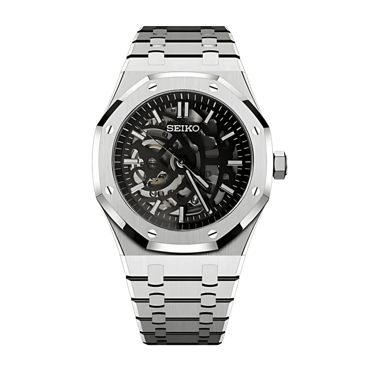 Seiko Royal Oak Mod Stainless Steel с отворен skeleton циферблат, видим механизъм, сребриста стоманена каса и интегрирана верижка
