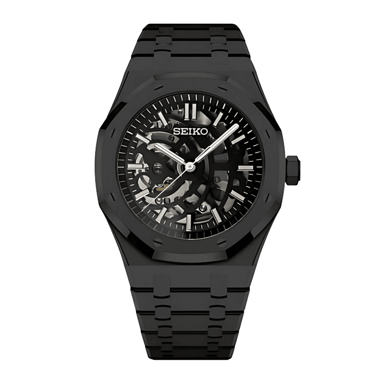 Seiko Royal Oak Mod Skeleton Black Case с отворен skeleton циферблат, видим механизъм, черна каса и черна интегрирана верижка