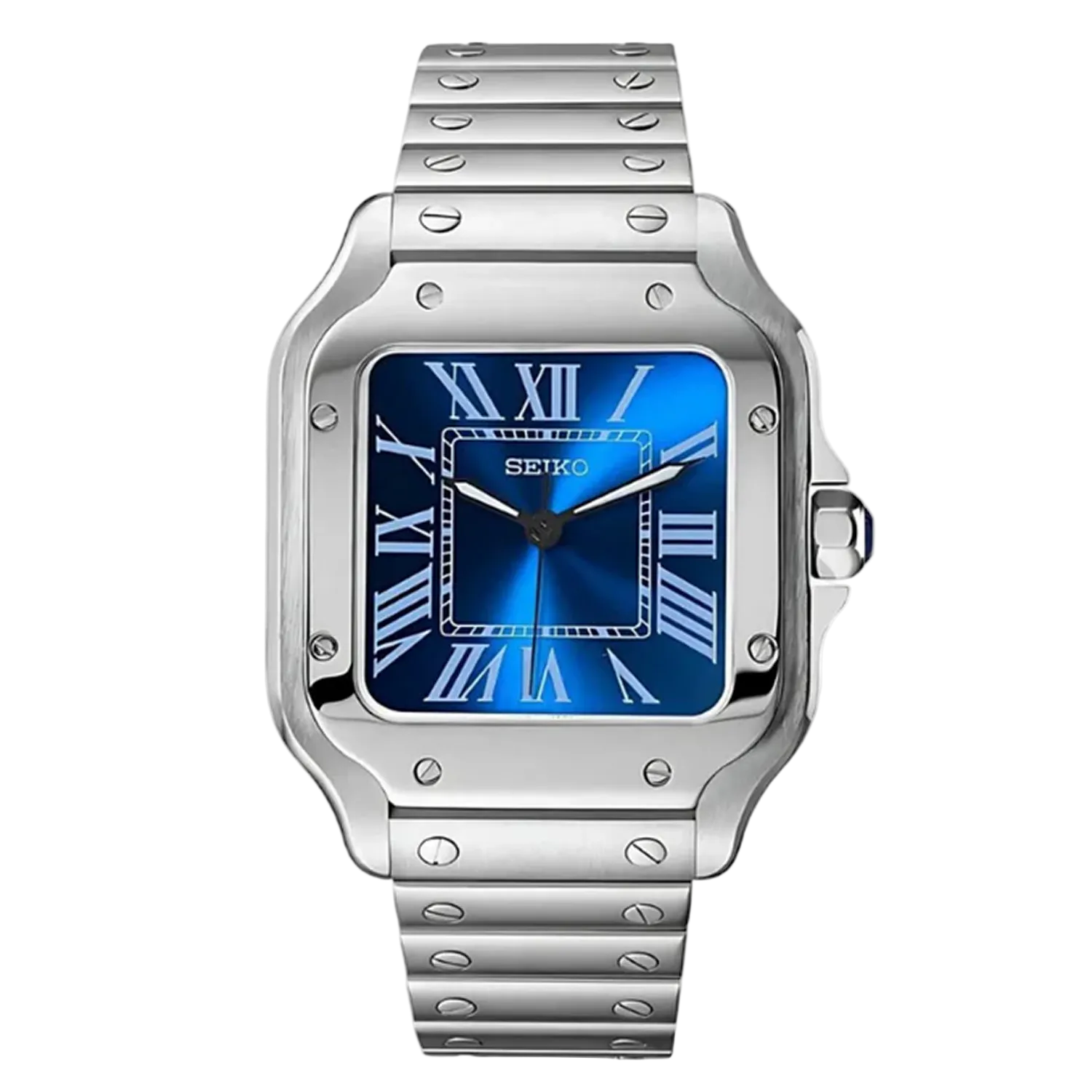 Seiko Santos Mod Blue Dial със син градиентен циферблат, римски индекси, сребриста стоманена каса и сребриста верижка