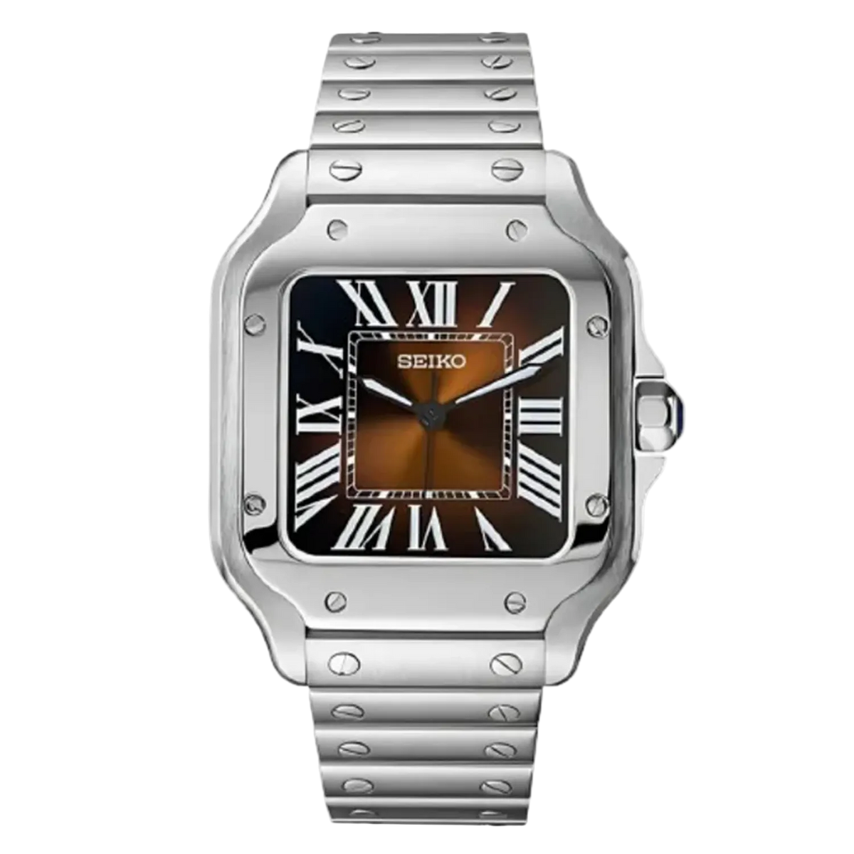Seiko Santos Mod Brown Dial с кафяв градиентен циферблат, римски индекси, сребриста стоманена каса и сребриста верижка