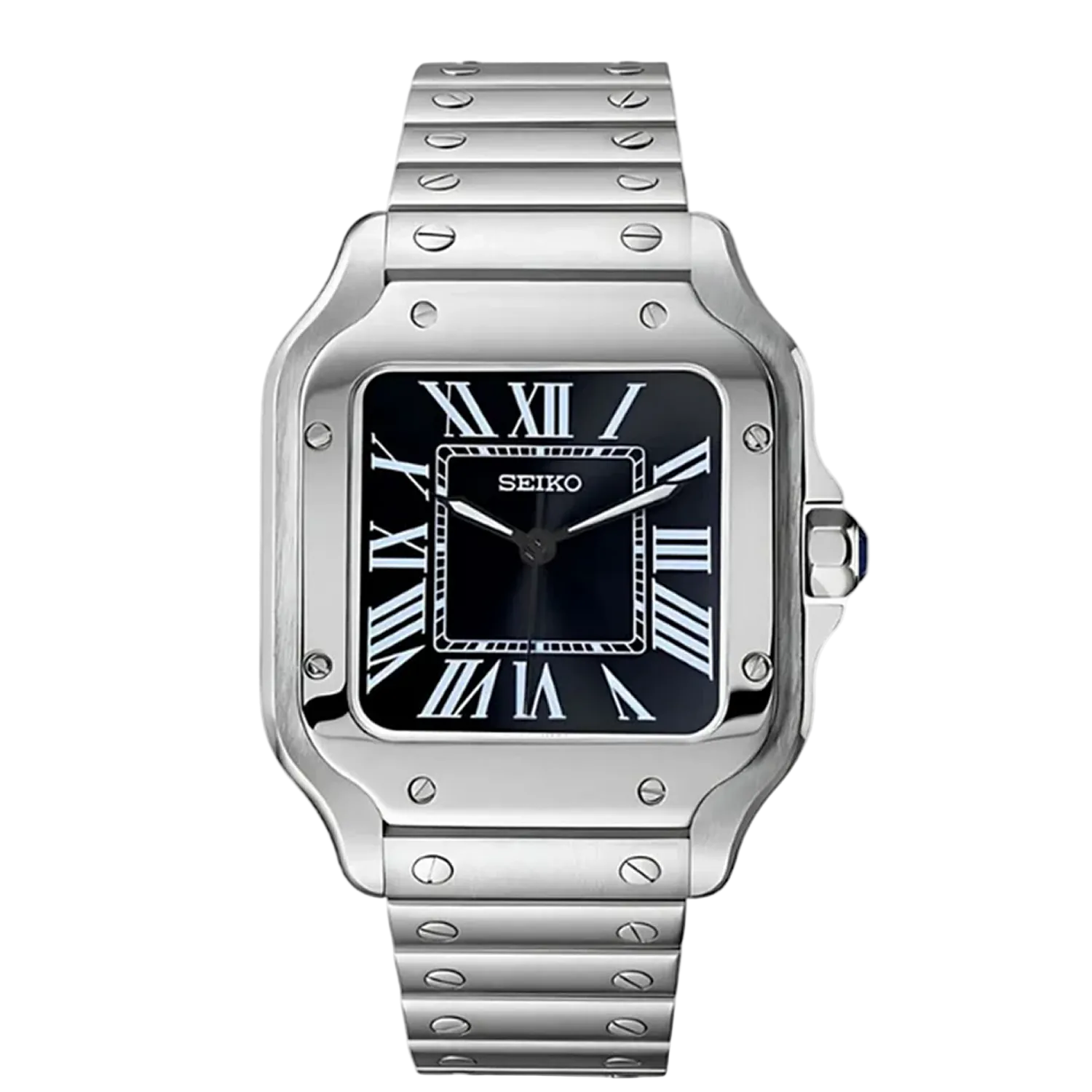 Seiko Santos Mod Classic Black с черен циферблат, римски индекси, сребриста стоманена каса и сребриста верижка