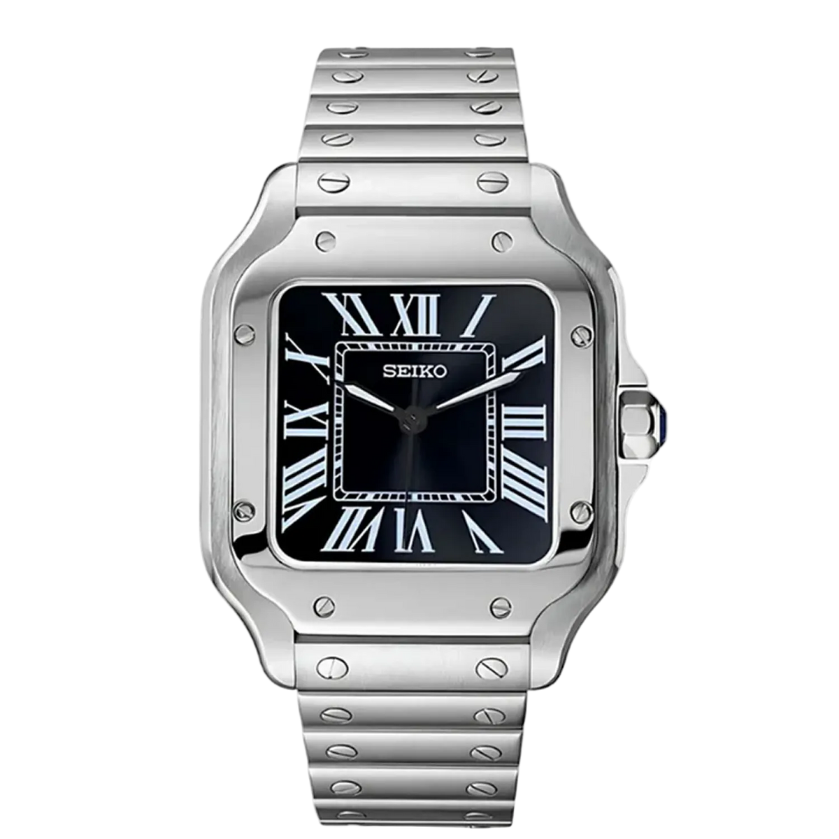 Seiko Santos Mod Classic Black с черен циферблат, римски индекси, сребриста стоманена каса и сребриста верижка