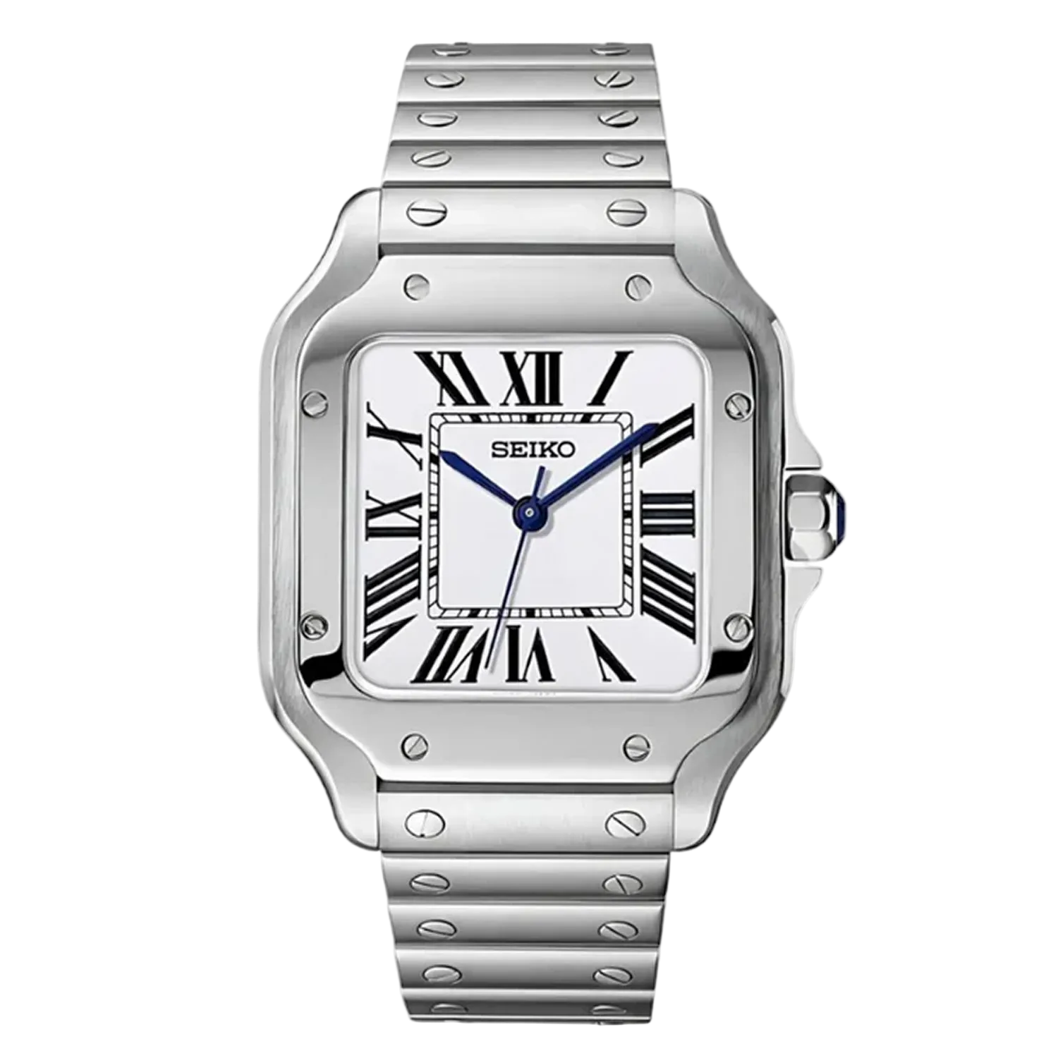 Seiko Santos Mod Classic White с бял циферблат, римски индекси, сини стрелки, сребриста стоманена каса и сребриста верижка